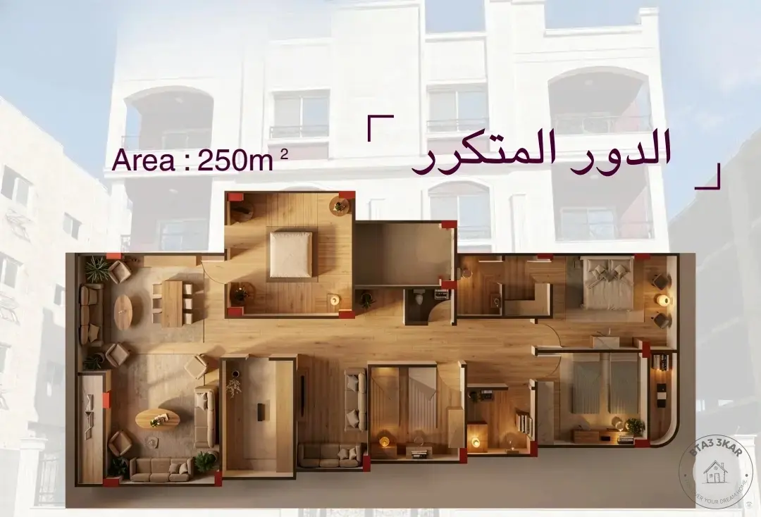 شقة 250 م دور متكرر 📍 في أفضل مواقع بيت الوطن – الحي الثامن ✔️ فيو جاردن  ✔️ فيو مباشر على محور بن زايد